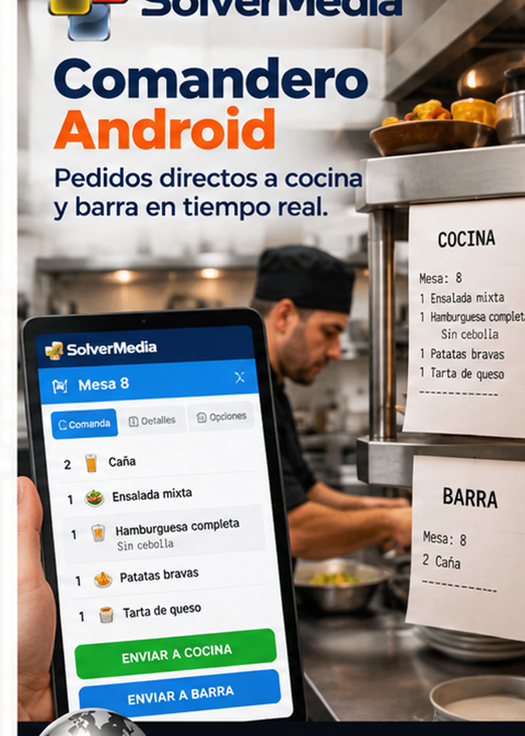 Envío de pedidos a cocina y barra desde Comandero Android SolverMedia